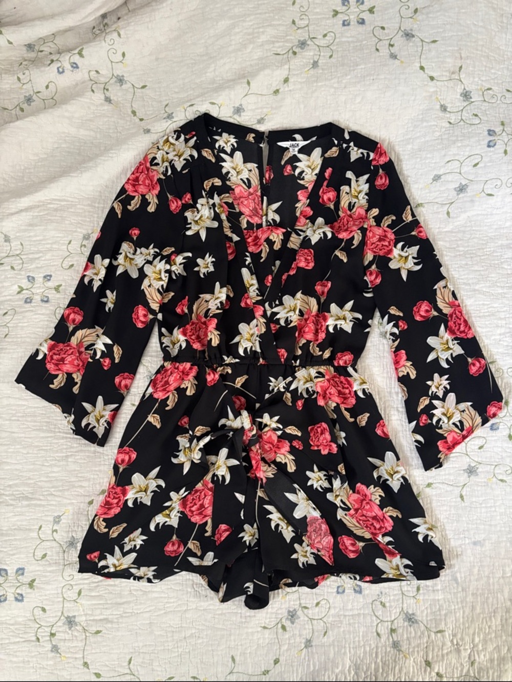Jack by BB Dakota Floral Romper Black Long Sleeve Tie Front Size M